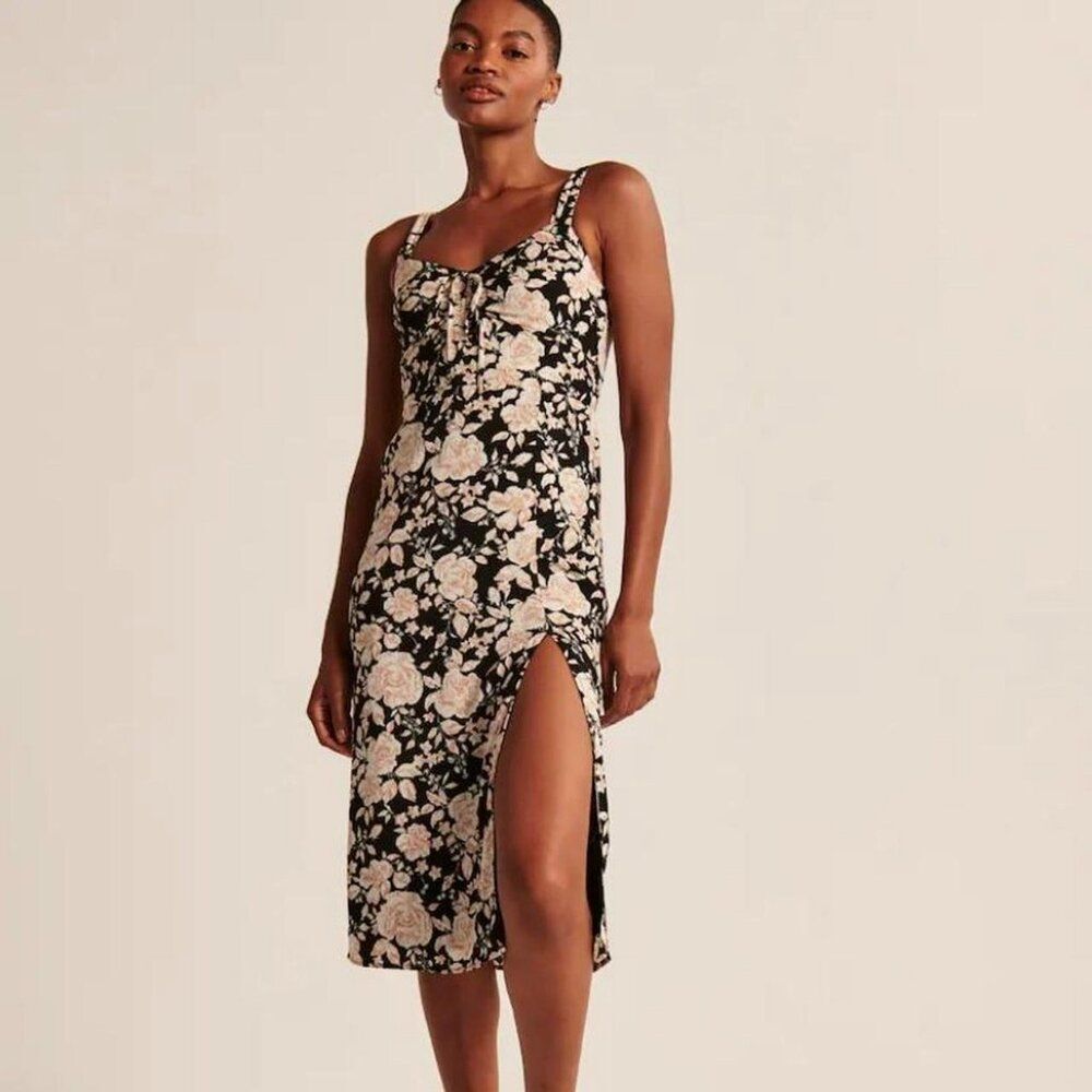 Abercrombie & Fitch Black Pink Floral Tie Front Midi Dress Size S Adjustable